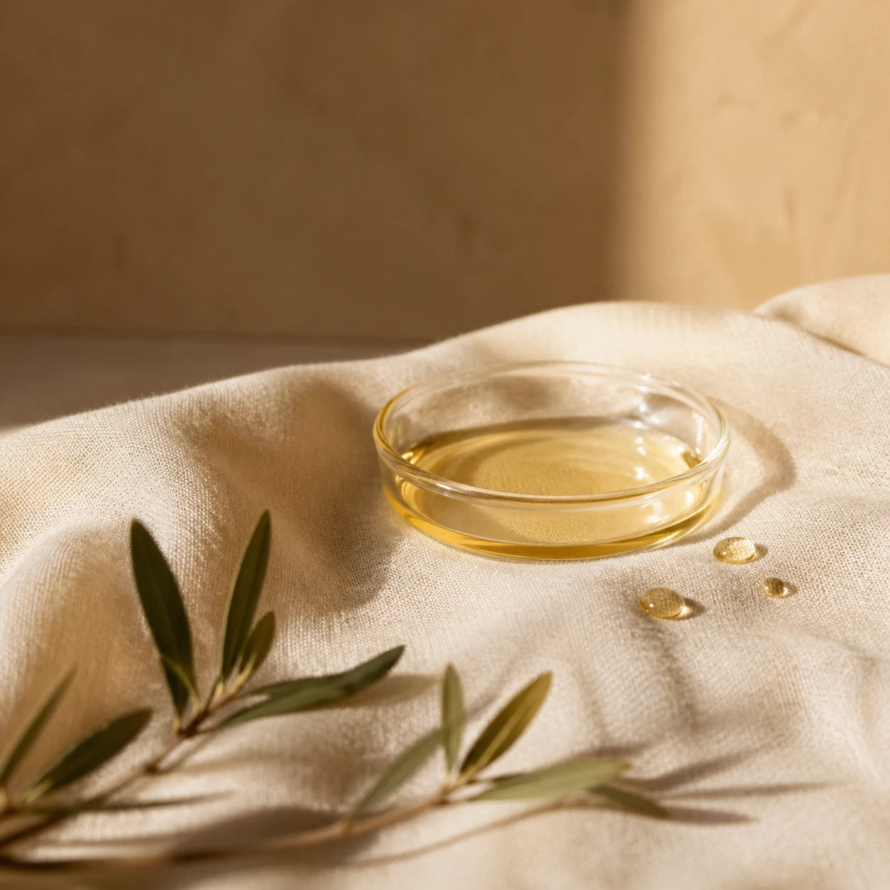 Editorial macro of squalane oil on warm linen