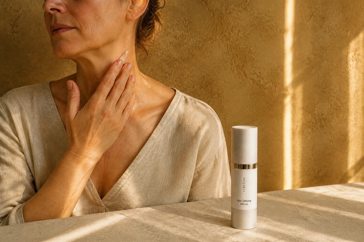 A woman smoothing serum into the side of her neck in warm window light