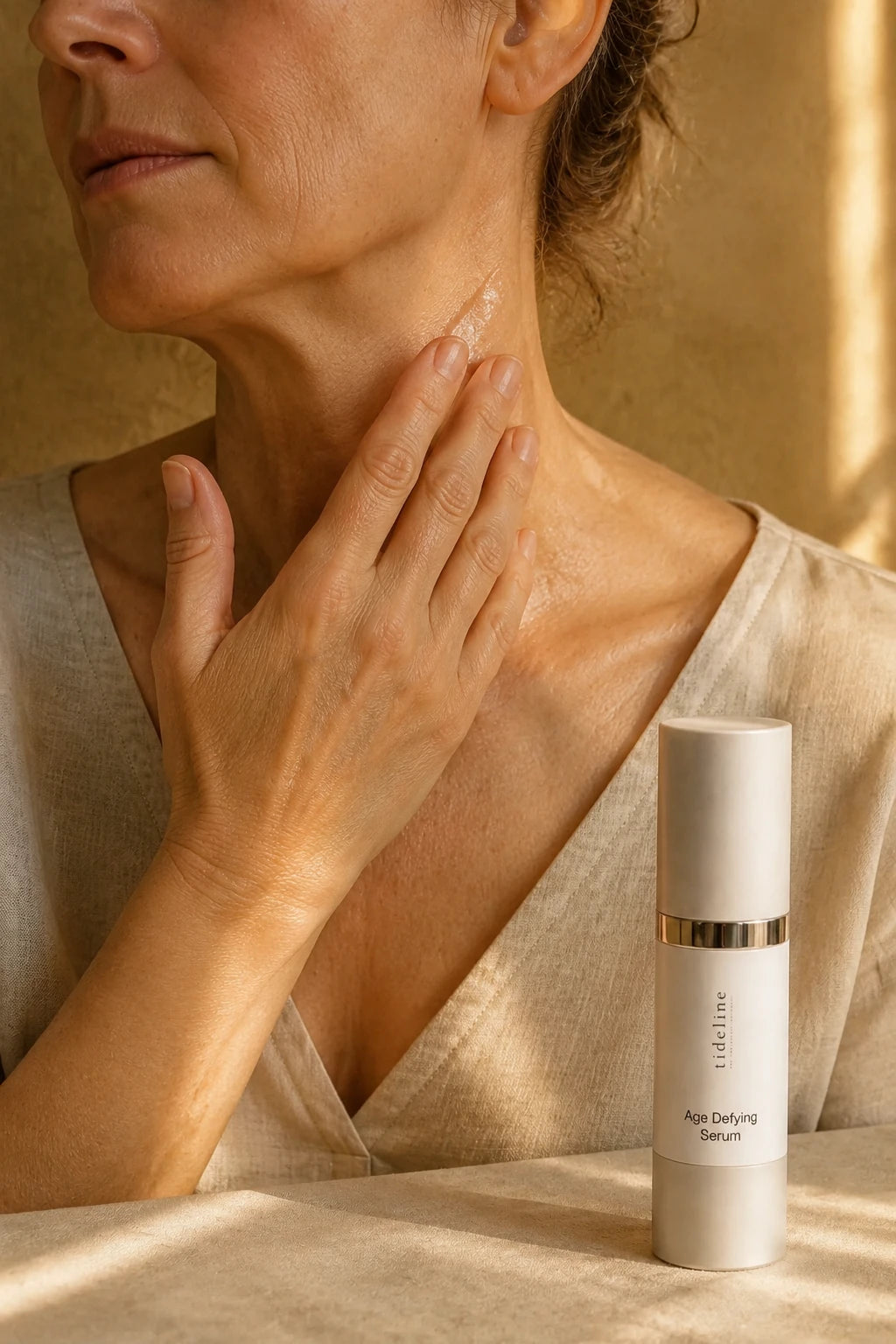 Age-Defying Serum smoothed into the side of the neck, the bottle standing beside her