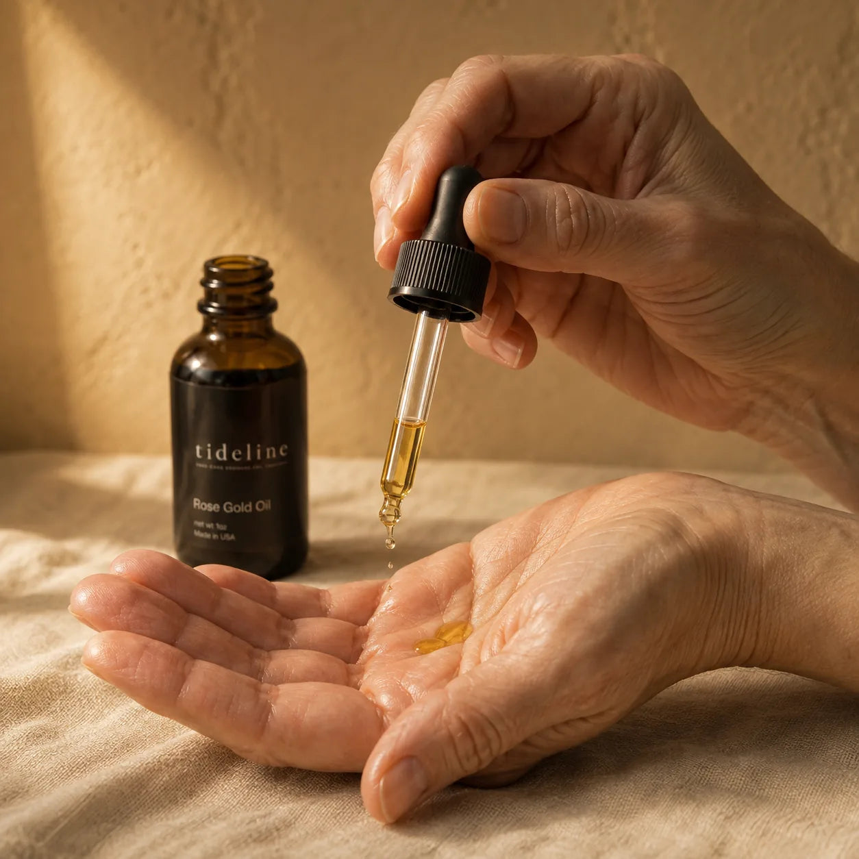 Rose Gold Oil dropped from its pipette into an open palm